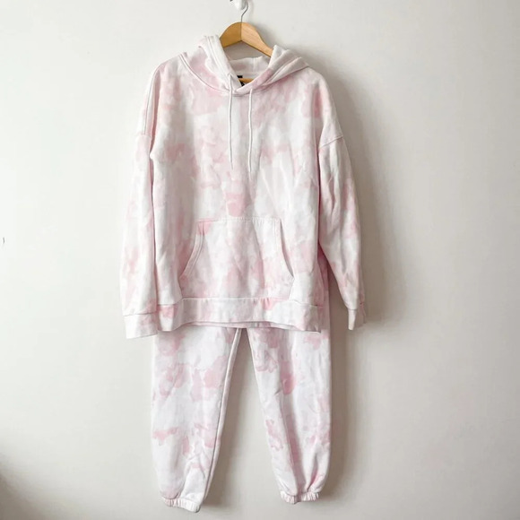 Lazypants Lounge SET Oversized Hoodie & Jogger Pink Tie Dye Watercolor Sz Medium - Picture 3 of 7